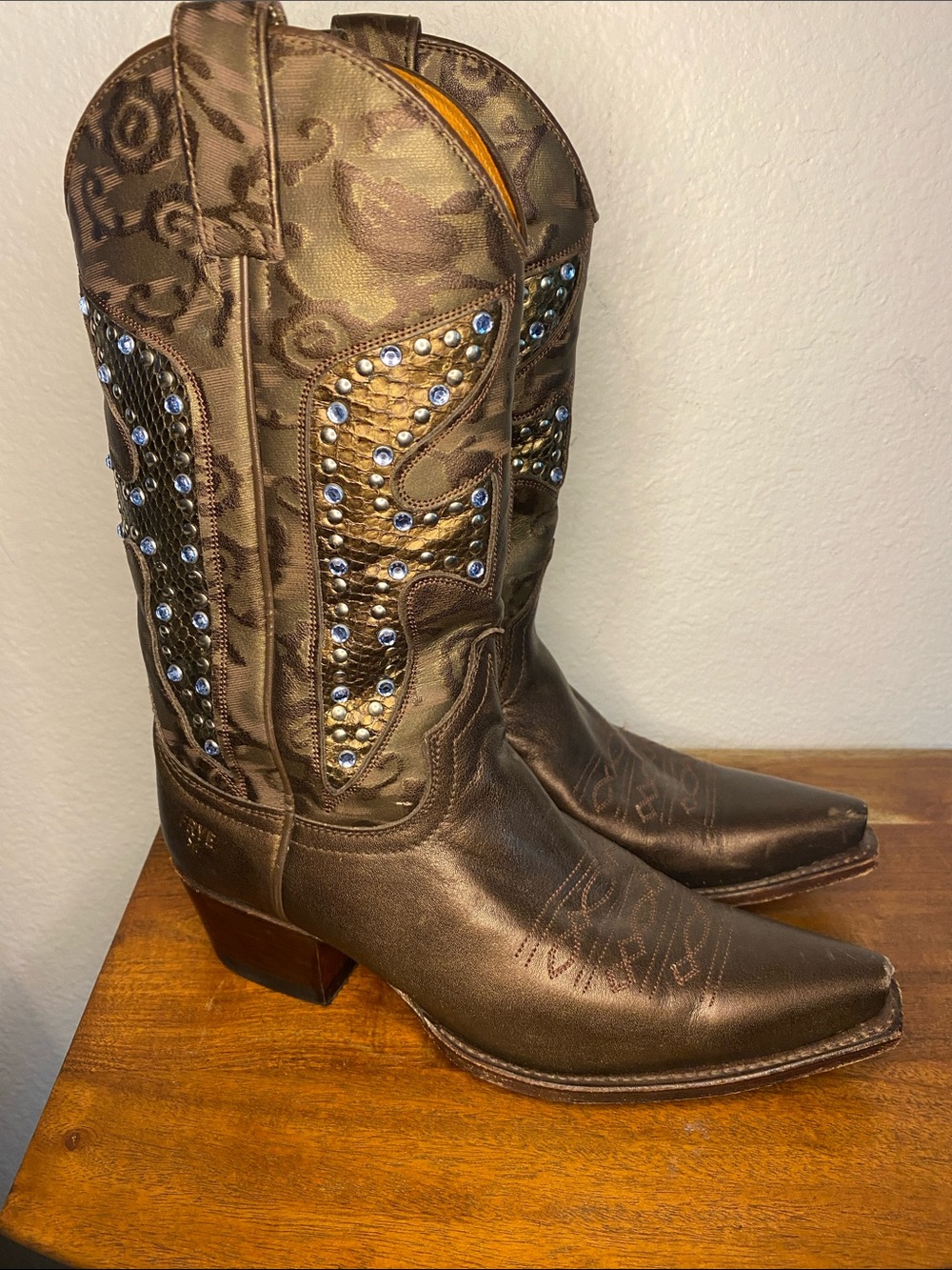 Frye Metallic Brown Embellished Western Boots sizes 8